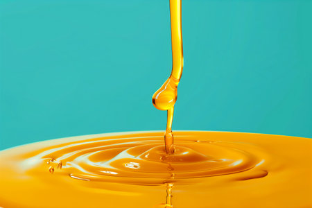 Closeup of golden olive oil pouring and forming ripples against a plain background. Concept of fluidity and purity.の素材