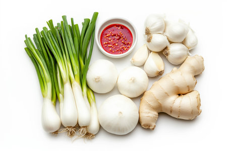 Fresh ingredients including garlic, ginger, green onions, white onions, and chili sauce on a white background for Korean Kkakdugi radish kimchiの素材
