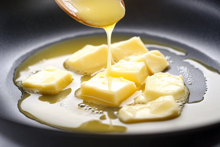 Melting butter drizzles into a cooking pan with creamy, melted cheese isolated on white transparent background.の素材