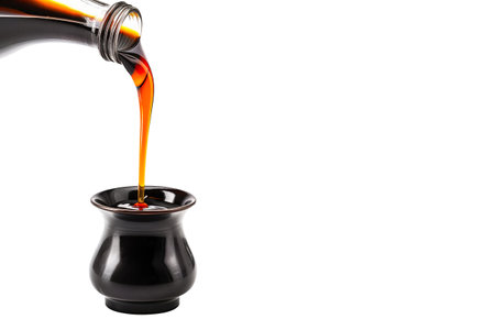 Dark soy sauce poured from bottle isolated on white transparent background.の素材