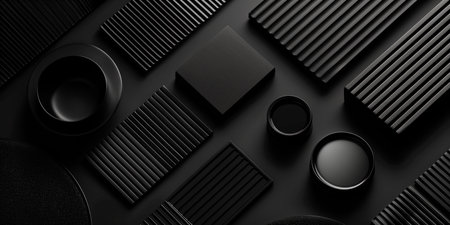 Abstract arrangement of various black geometric shapes on a dark background. Minimalistic and modern design concept in a monochrome paletteの素材