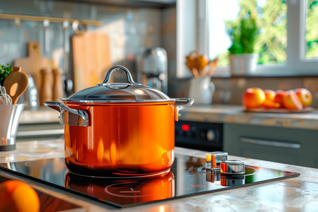 Stainless steel pot on induction stove in modern kitchen. Fresh vegetables on the counter. Concept of cooking and healthy food preparationの素材