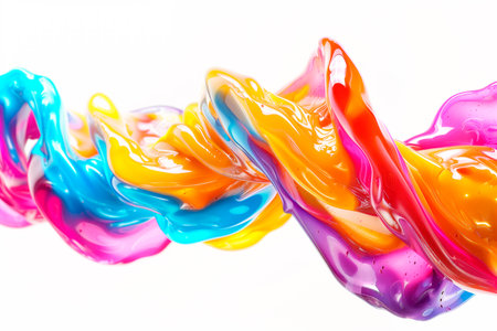 Abstract swirl of vibrant bubble gum being stretched, sticky and glossy texture, glossy colors including pink, blue, and yellow. Concept of fluidity and creativityの素材