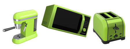 Electric kitchen appliances and utensils like microwave, espresso coffee machine and toaster on white background. 3d render of kitchenware for cooking, baking, blending and whippingの写真素材