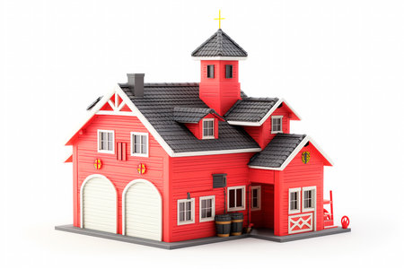 Red fire station building with garage doors and windows isolated on white background. Concept of emergency services infrastructure.の素材