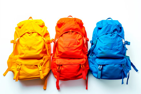 A colorful backpacks with multiple pockets isolated on white background. The bag features vibrant colors and sturdy materials. Concept of travel and school essentialsの素材