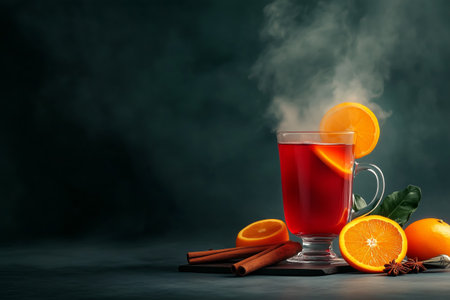 Steaming glass of mulled wine with orange slices and spices on dark background, showcasing a cozy winter beverage conceptの素材
