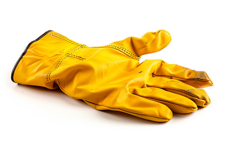 Pair of bright yellow leather safety gloves isolated on white background. Concept of cleaning, hygiene, and protection.の素材