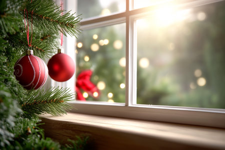 Red Christmas ornaments hanging on frosted branches beside a window with a snowy view outside. Concept of winter holiday decorの素材