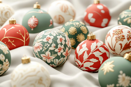 Festive Christmas ornaments with intricate floral designs on a soft white fabric background, emphasizing an elegant holiday theme.の素材