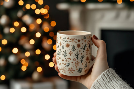 Close-up of hands holding a warm cup of coffee, cozy sweater, warm beige background. Concept of comfort and relaxation.の素材