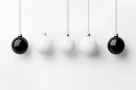 Glossy black and white ornaments suspended on thin strings isolated on white background, showcasing a modern Christmas aestheticの素材
