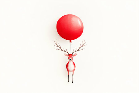 A charming deer holding colorful balloons, showcased in a playful graphic style, on a minimal white background.の素材