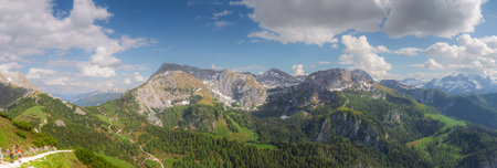 Beautiful view of mountain valley with tracks near Jenner mount in Berchtesgaden National Park, Upper Bavarian Alps, Germany, Europe. Beauty of nature concept background.の写真素材