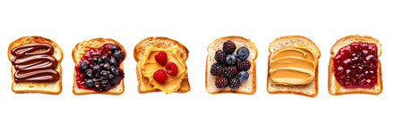 Slices of toast with different toppings like fresh berries, smooth peanut butter, and strawberry jam isolated on white transparent background. Concept of breakfast varietyの素材