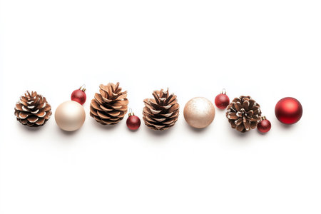 Festive arrangement of red ornaments and pinecones isolated on white background, celebrating Christmas and nature's beautyの素材