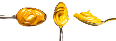 A vibrant smooth texture of yellow honey mustard spread in spoon isolated on white transparent background.の素材