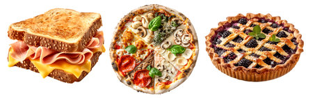 Sandwich with vegetables, Italian pizza and mixed berry pie isolated on white background, a delicious American comfort foodの素材