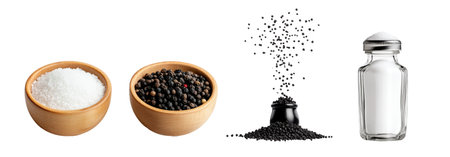 Glass jars, wooden scoop and bowl filled with white salt and black pepper, sealed with cork stoppers, isolated on a white background, representing seasoning conceptsの素材