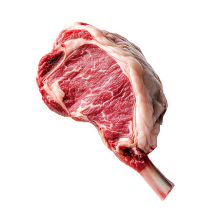 A pieces of fresh Lamb chop cut, isolated on white background, showcasing culinary concept.の素材