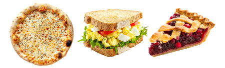 Sandwich with vegetables, Italian pizza and mixed berry pie isolated on white background, a delicious American comfort foodの素材