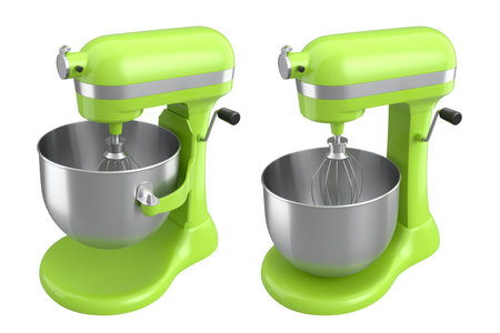 Modern kitchen mixer for baking on a white background. 3d render of home kitchen tools and accessories for cooking, blending and mixingの写真素材