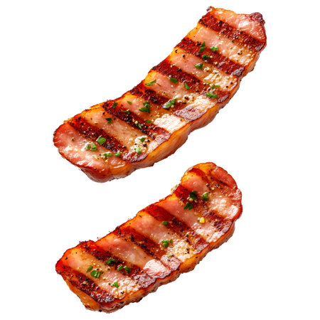 Crispy bacon slices garnished with pepper grains, isolated on white transparent background, showcasing a delicious food conceptの素材