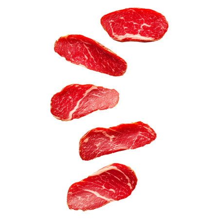 Lomo Embuchado Spanish cured ham slices isolated on white transparent background, showcasing texture and marbling, concept of cured meatの素材