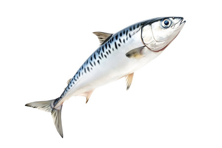 Fresh mackerel fish with detailed scales and fins isolated on white transparent background. Concept of seafood and marine lifeの素材