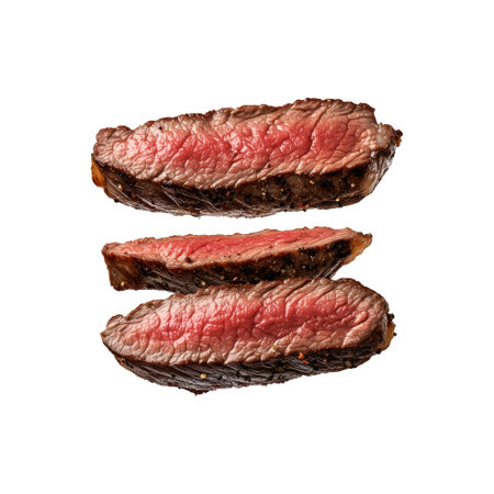 Medium rare sirloin beef steak slices showcasing juicy interiors isolated on white transparent background. Concept of steakhouse cuisine and cooked meatの素材