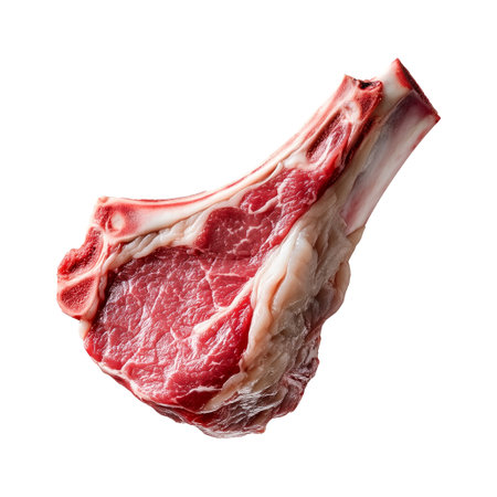 A pieces of fresh Lamb chop cut, isolated on white background, showcasing culinary concept.の素材