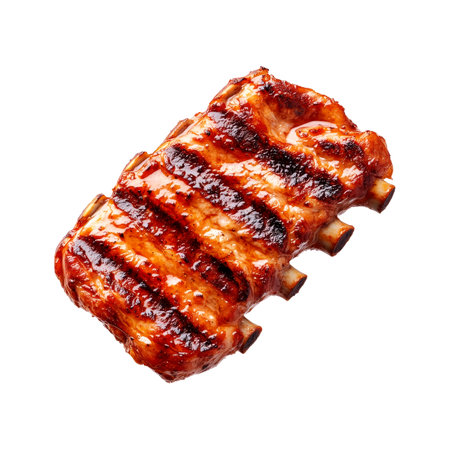 Grilled pork ribs or shoulder with shiny barbecue glaze, charred edges, and seasoning, isolated on white transparent background, concept of delicious foodの素材