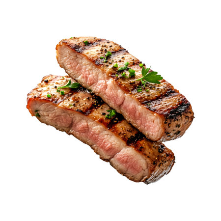 Grilled pork tenderloin slices with shiny barbecue glaze and seasoning isolated on white transparent background, concept of delicious foodの素材