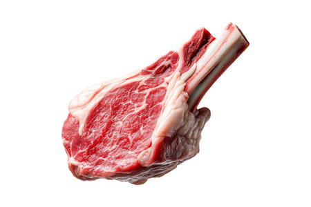 A pieces of fresh Lamb chop cut, isolated on white background, showcasing culinary concept.の素材