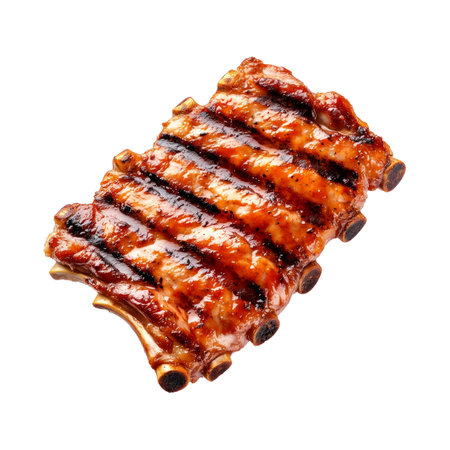 Grilled pork ribs or shoulder with shiny barbecue glaze, charred edges, and seasoning, isolated on white transparent background, concept of delicious foodの素材