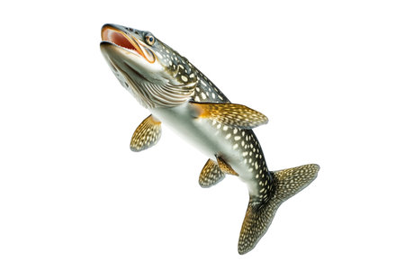 Detailed northern pike fish with spotted scales, fins and sharp jaw isolated on white transparent background, concept of aquatic lifeの素材
