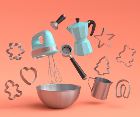 Metal bowl with electric mixer kitchen appliance for mixing and blending and cookie cutters on orange background. 3d render of home kitchen tools and accessories for cooking, blending and mixingの写真素材