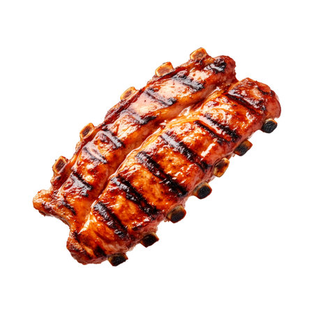Grilled pork ribs or shoulder with shiny barbecue glaze, charred edges, and seasoning, isolated on white transparent background, concept of delicious foodの素材