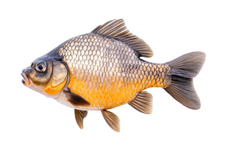 Closeup of fresh Crucian carp fish with detailed scales and fins, isolated on white transparent background, concept of aquatic lifeの素材