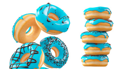 Donuts with blue blueberry glaze, sprinkles, white drizzle, and dots isolated on white transparent background. 3d rendering and illustration of dessert varietyの写真素材