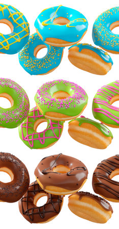 Assorted donuts with colorful icing, sprinkles, and chocolate isolated on white transparent background. 3d rendering and illustration of dessert varietyの写真素材