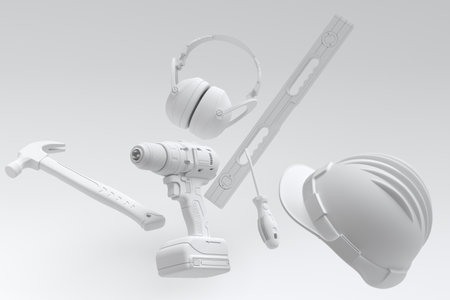 Flying view of monochrome construction tools for repair and installation on white background. 3d render and illustration of service banner for house plumber or repairmanの写真素材