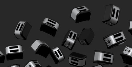 Many flying stainless steel toasters for making toast bread on a black background. 3d render of good...