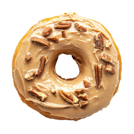 Tasty donut with glossy maple glaze and crushed pecans on top, isolated on white transparent background, concept of sweet dessert treatの素材