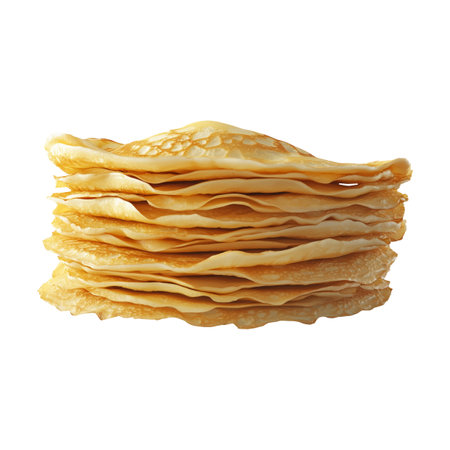 A tall stack of thin golden brown crepes with crispy edges, isolated on white transparent background, concept of homemade breakfastの素材