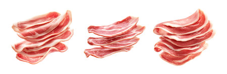 Set of Slices of raw bacon Pancetta with fat marbling, neatly stacked, isolated on white transparent background. Concept of cooking and food preparationの素材