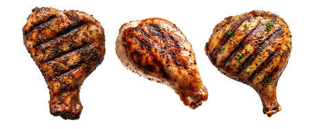 Grilled turkey drumsticks thigh seasoned with spices and herbs, isolated on white transparent background.の素材