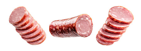 Set of Sliced smoked sausage Andouille showing fine texture and marbling, isolated on white transparent background, concept of deli meatの素材