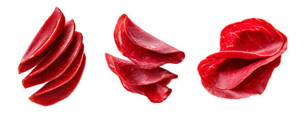 Set of thin slices of cured meat Bresaola with marbled texture isolated on white transparent background, concept of delicacy.の素材