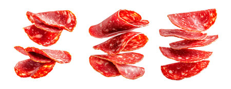 Set of Sliced Catalan sausage Fuet isolated on white transparent background. Concept of cured meats.の素材